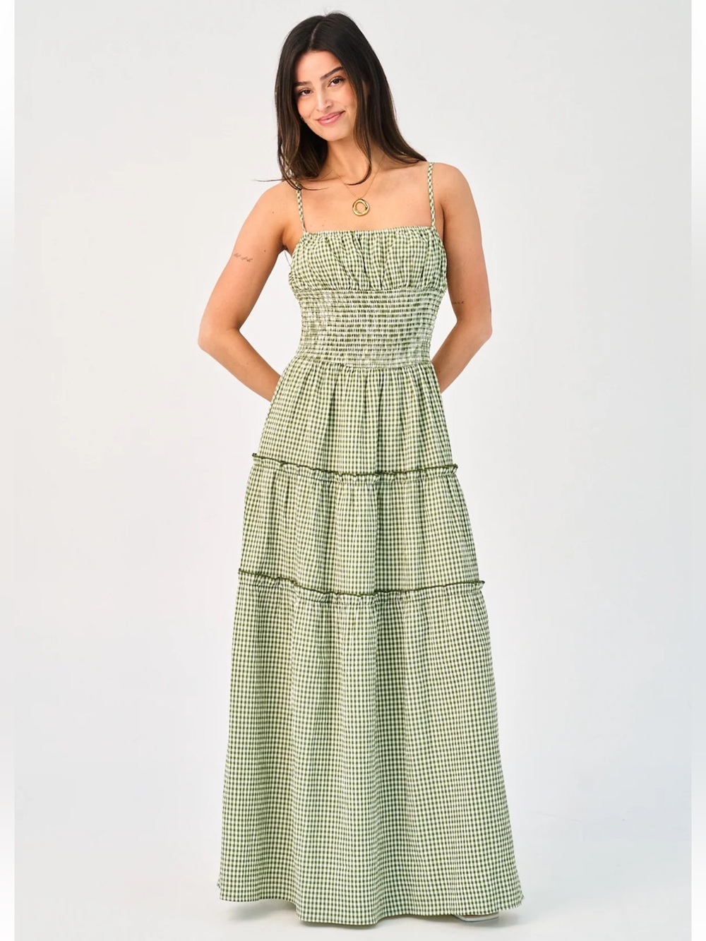 Grey Bandit Naomi Dress - Smocked Gingham Maxi Dress in Light Green